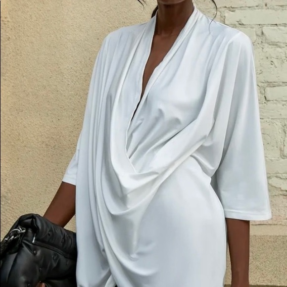 Cotton blend half sleeve deep Vneck solid blouse - Picture 2 of 7